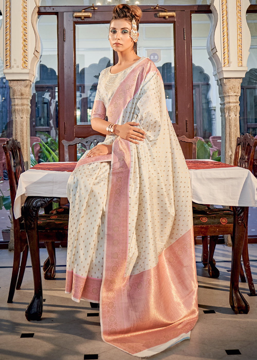 Wafer White Woven Banarasi Silk Saree