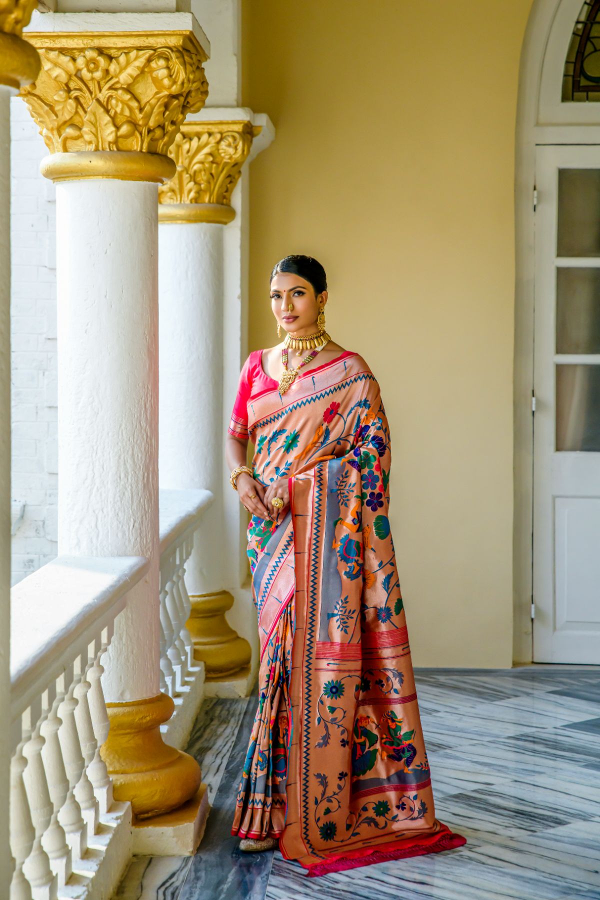 Apricot Pink Woven Paithani Silk Saree