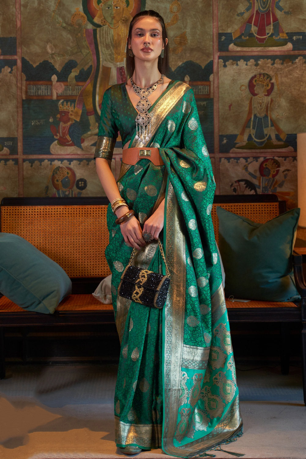 Elf Green Satin Handloom Silk Saree