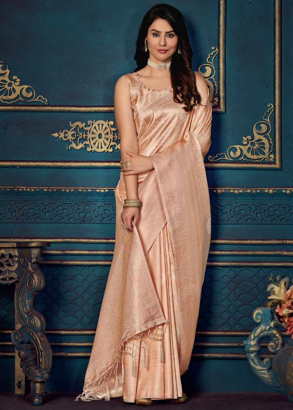 Negroni Peach Woven Banarasi Jacquard Silk Saree