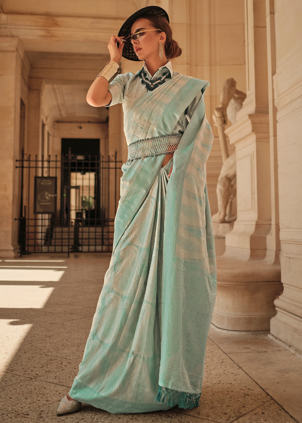 Norway Green Woven Kanjivaram Satin Silk Saree