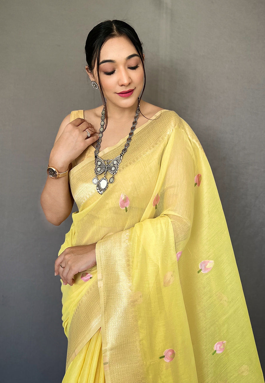 Marigold Yellow Cotton Lotus Woven Silk Saree