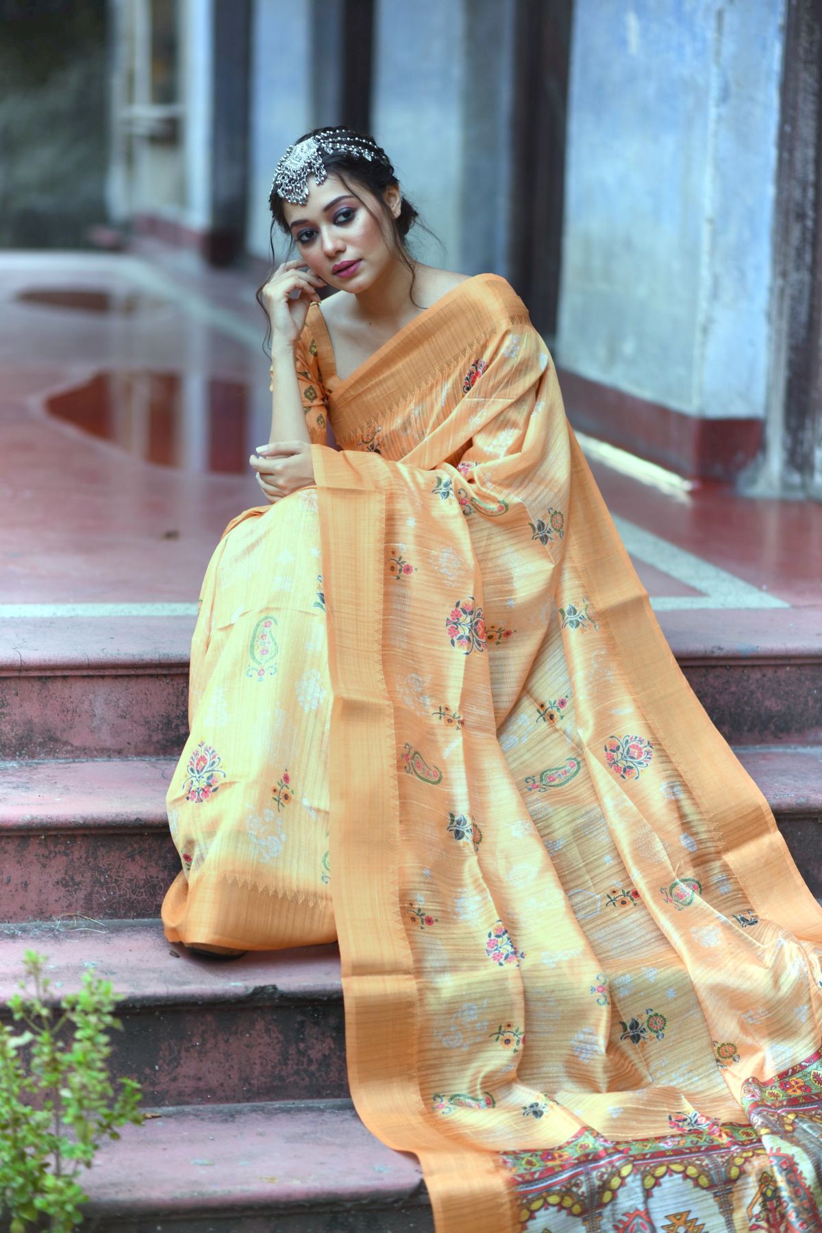 Caper Cream and Orange Printed South Silk Saree