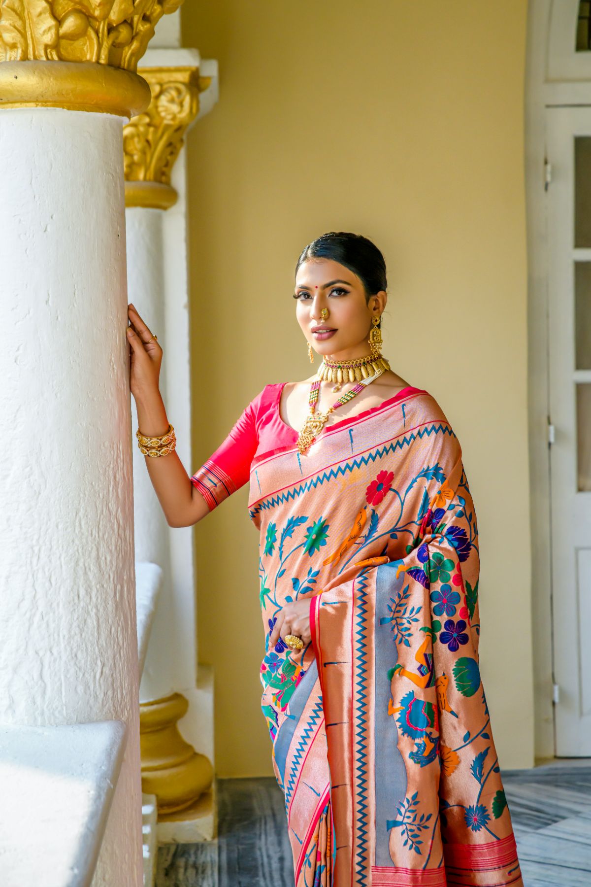 Apricot Pink Woven Paithani Silk Saree