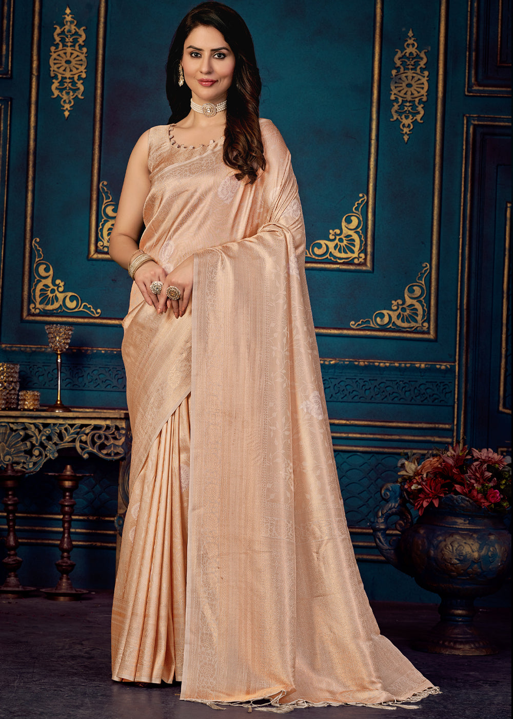 Negroni Peach Woven Banarasi Jacquard Silk Saree