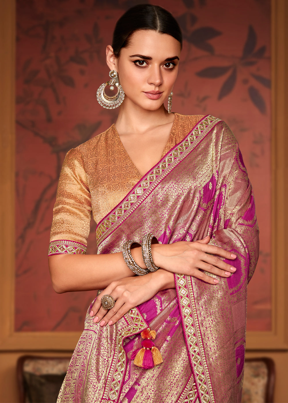 Hibiscus Pink Woven Banarasi Designer Silk Saree With Embroidered Blouse