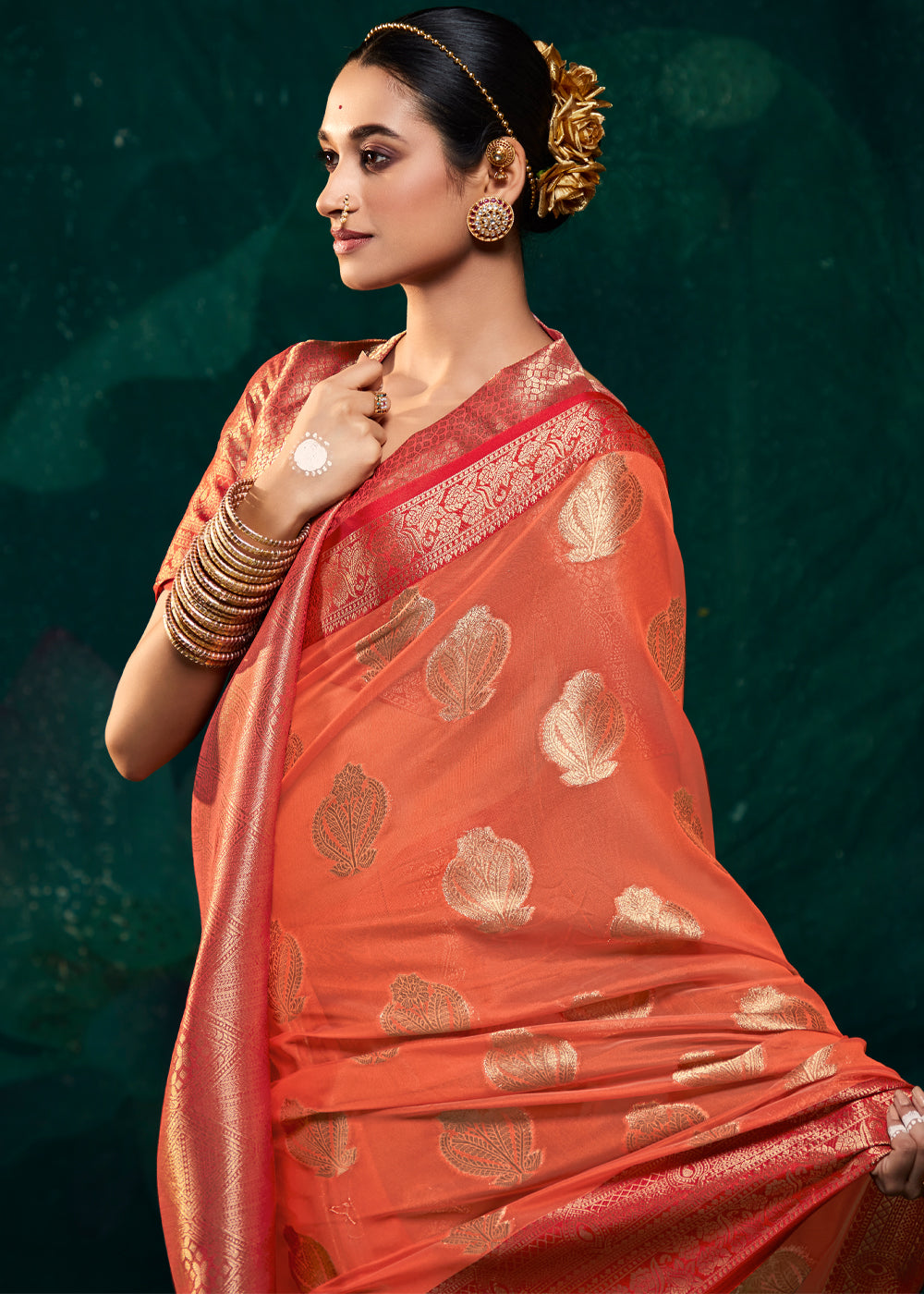 Jelly Bean Orange Woven Banarasi Organza Silk Saree