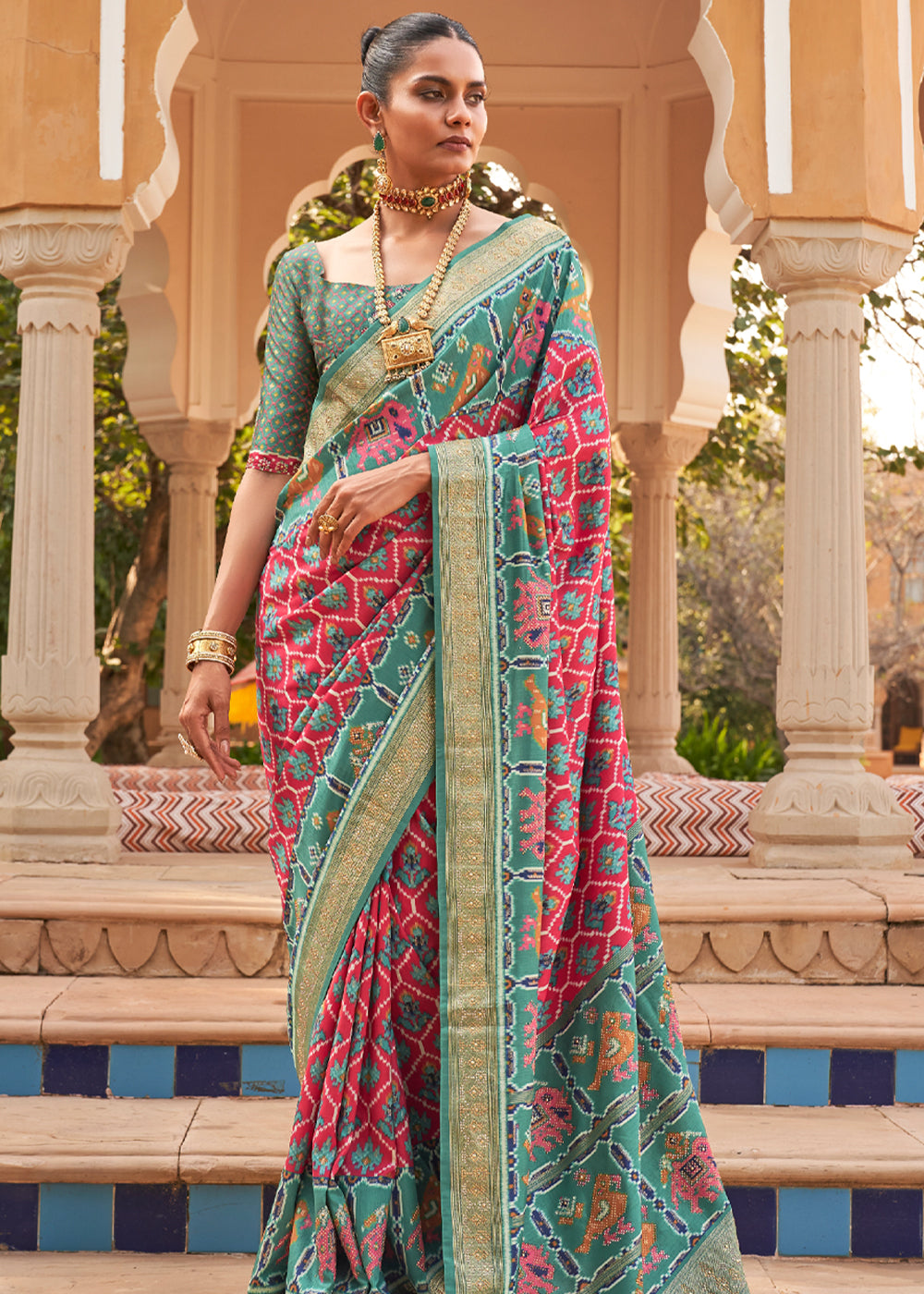 Tulip Pink Printed Patola Silk Saree