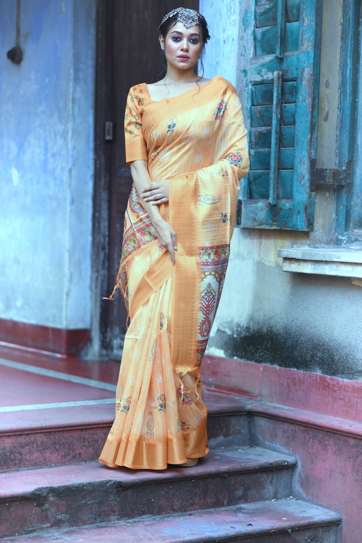 Caper Cream and Orange Printed South Silk Saree