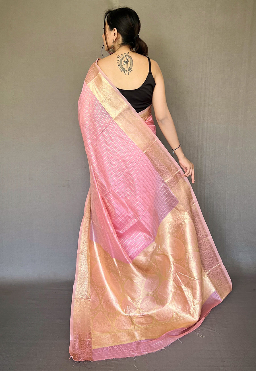 Mauvelous Pink Zari Woven Organza Checks Saree