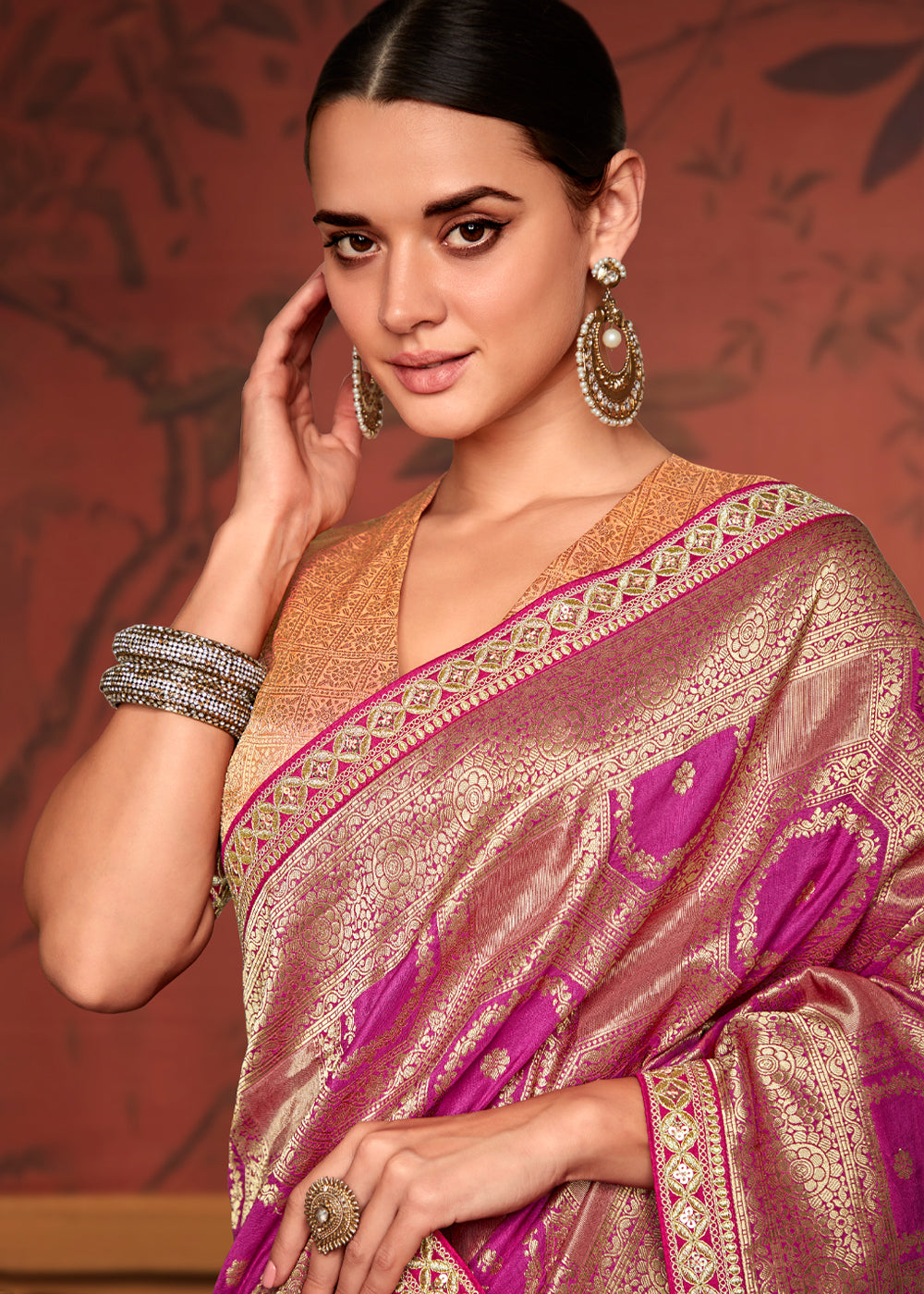 Hibiscus Pink Woven Banarasi Designer Silk Saree With Embroidered Blouse