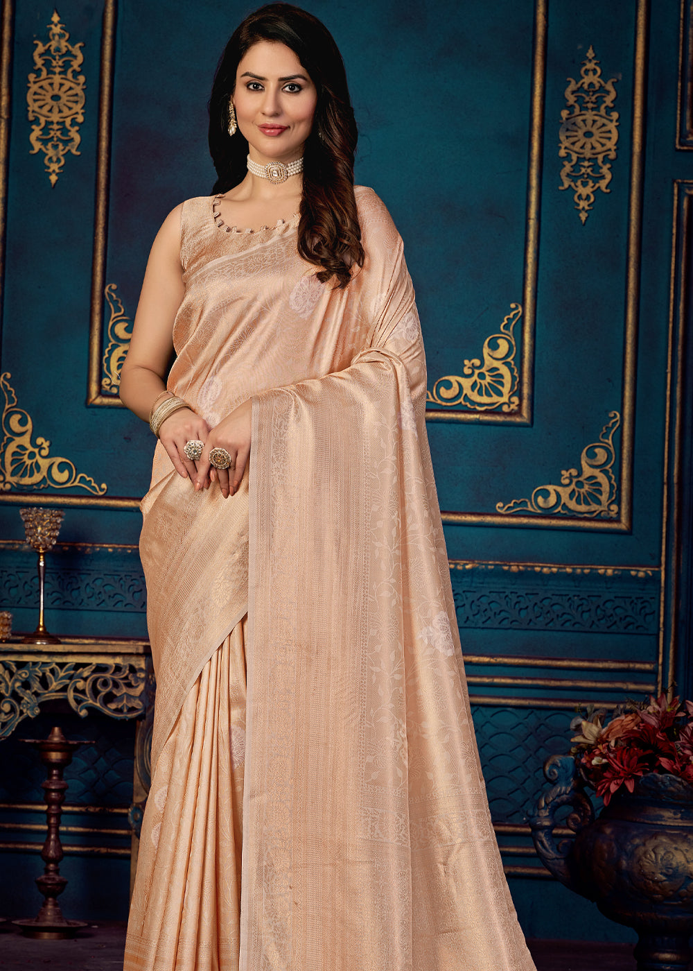 Negroni Peach Woven Banarasi Jacquard Silk Saree