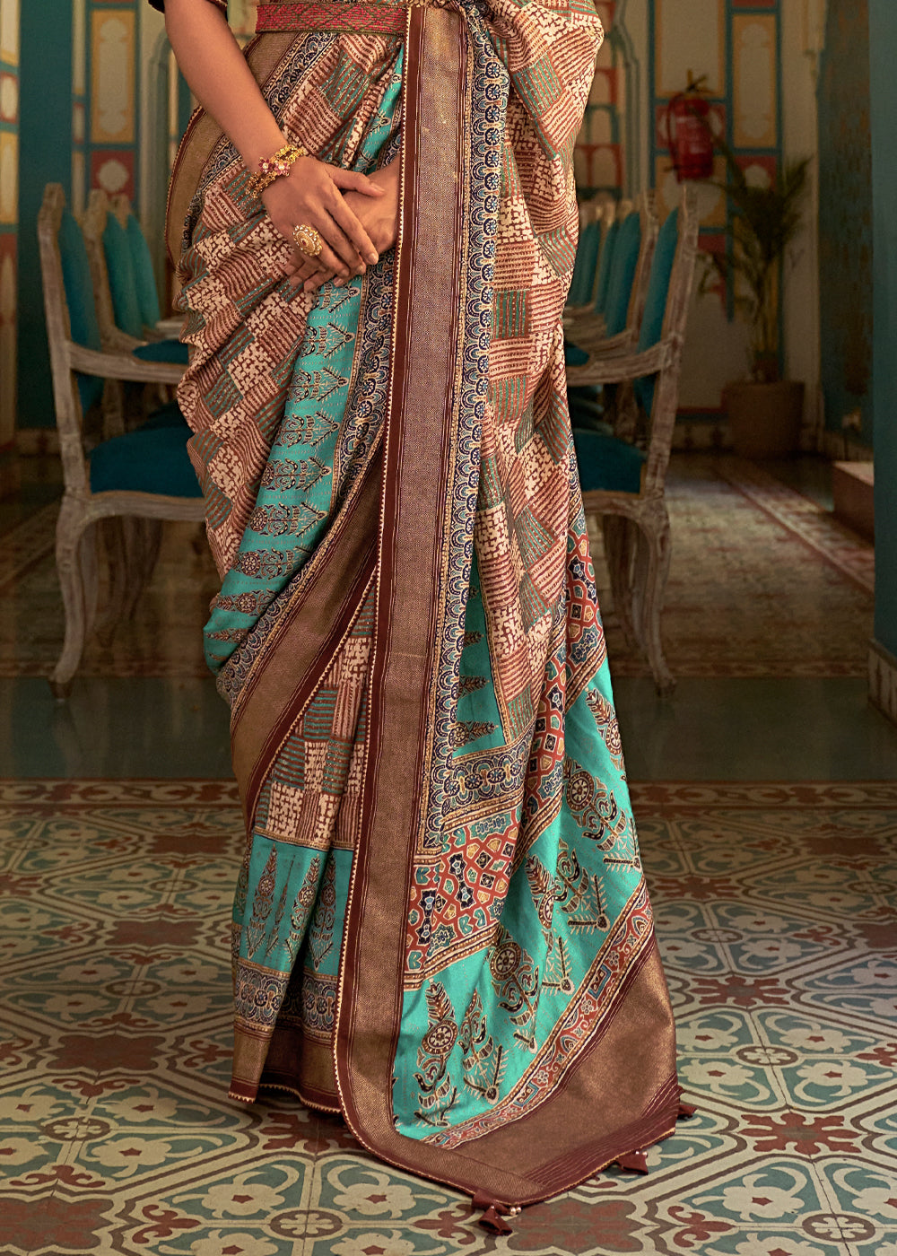 Sinbad Blue Printed Patola Soft Silk Saree