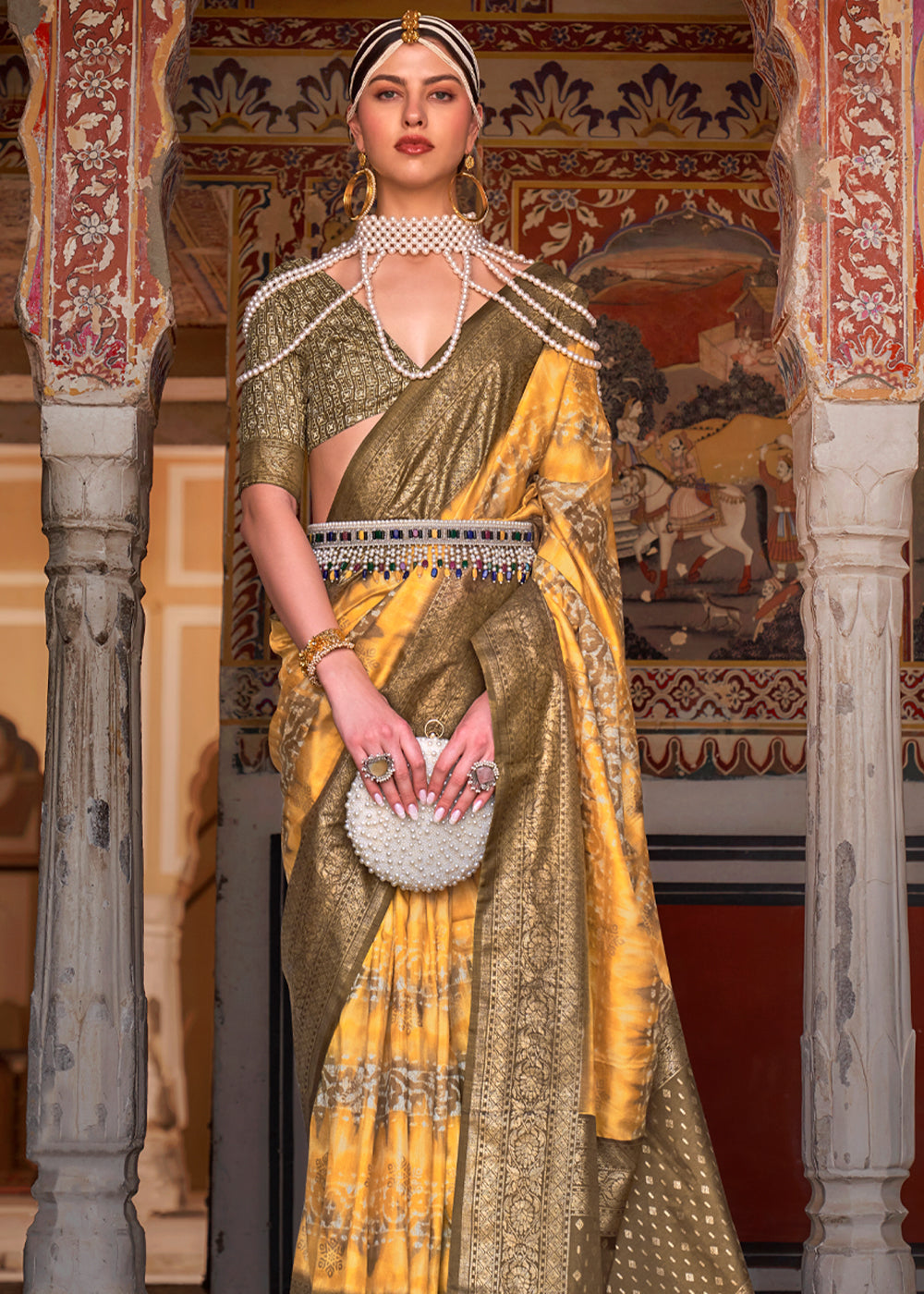 Pale Canary Yellow and Green Printed Patola Soft Silk Saree