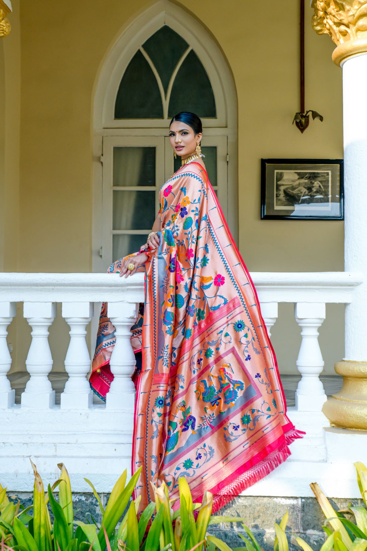 Apricot Pink Woven Paithani Silk Saree