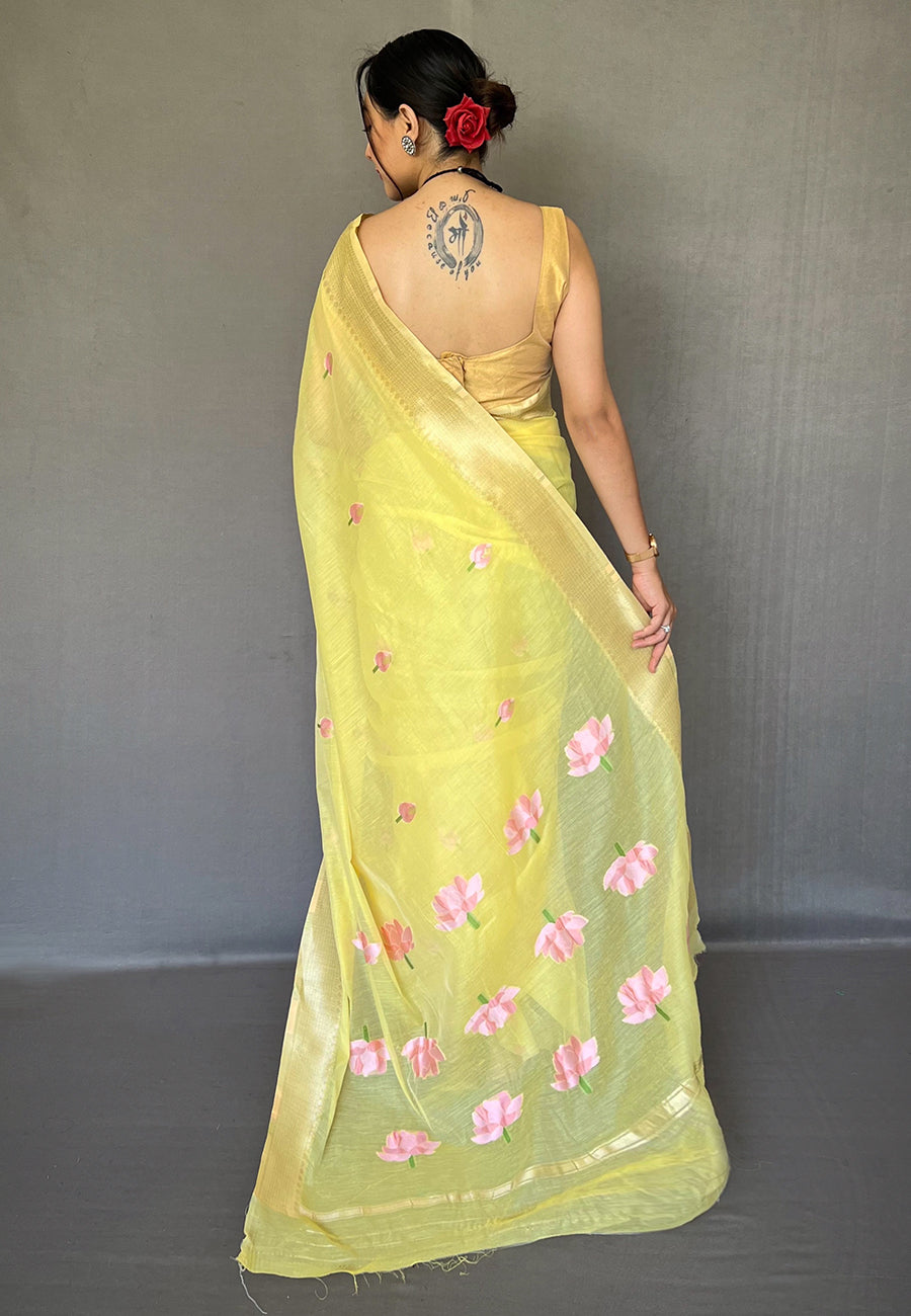 Marigold Yellow Cotton Lotus Woven Silk Saree