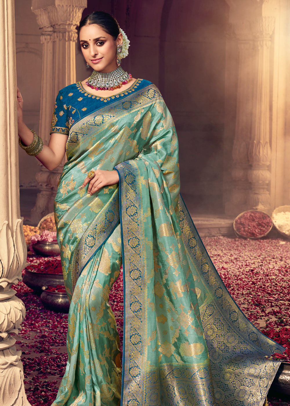 Summer Green and Blue Zari Woven Designer Banarasi Saree