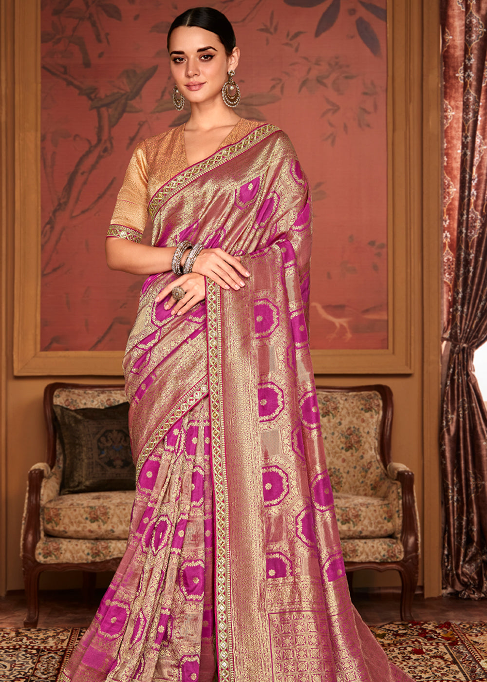 Hibiscus Pink Woven Banarasi Designer Silk Saree With Embroidered Blouse