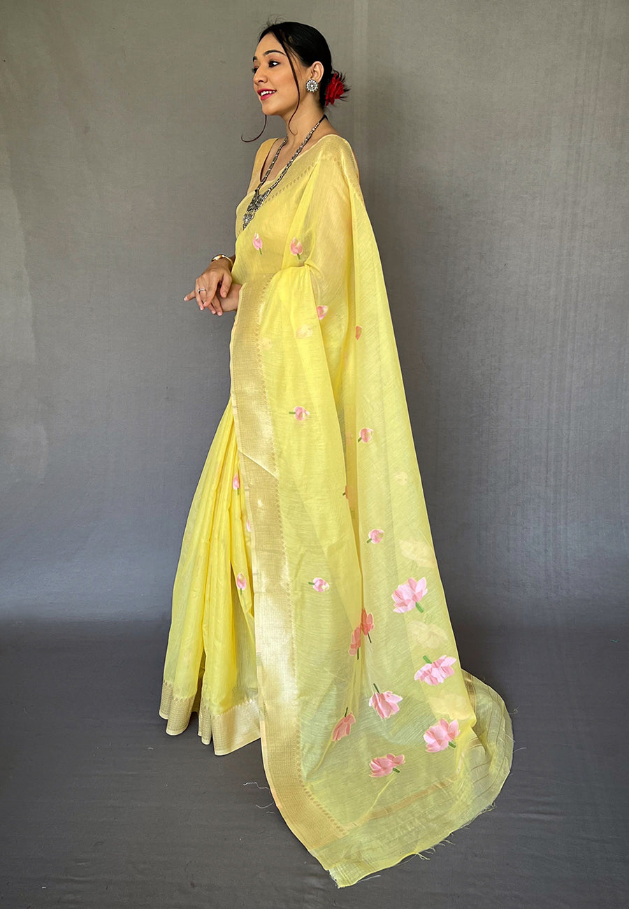 Marigold Yellow Cotton Lotus Woven Silk Saree