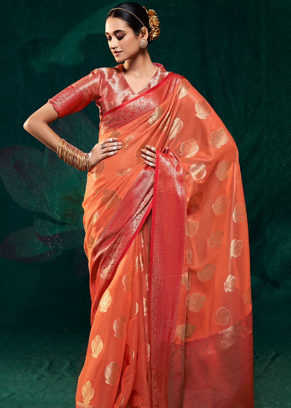 Jelly Bean Orange Woven Banarasi Organza Silk Saree