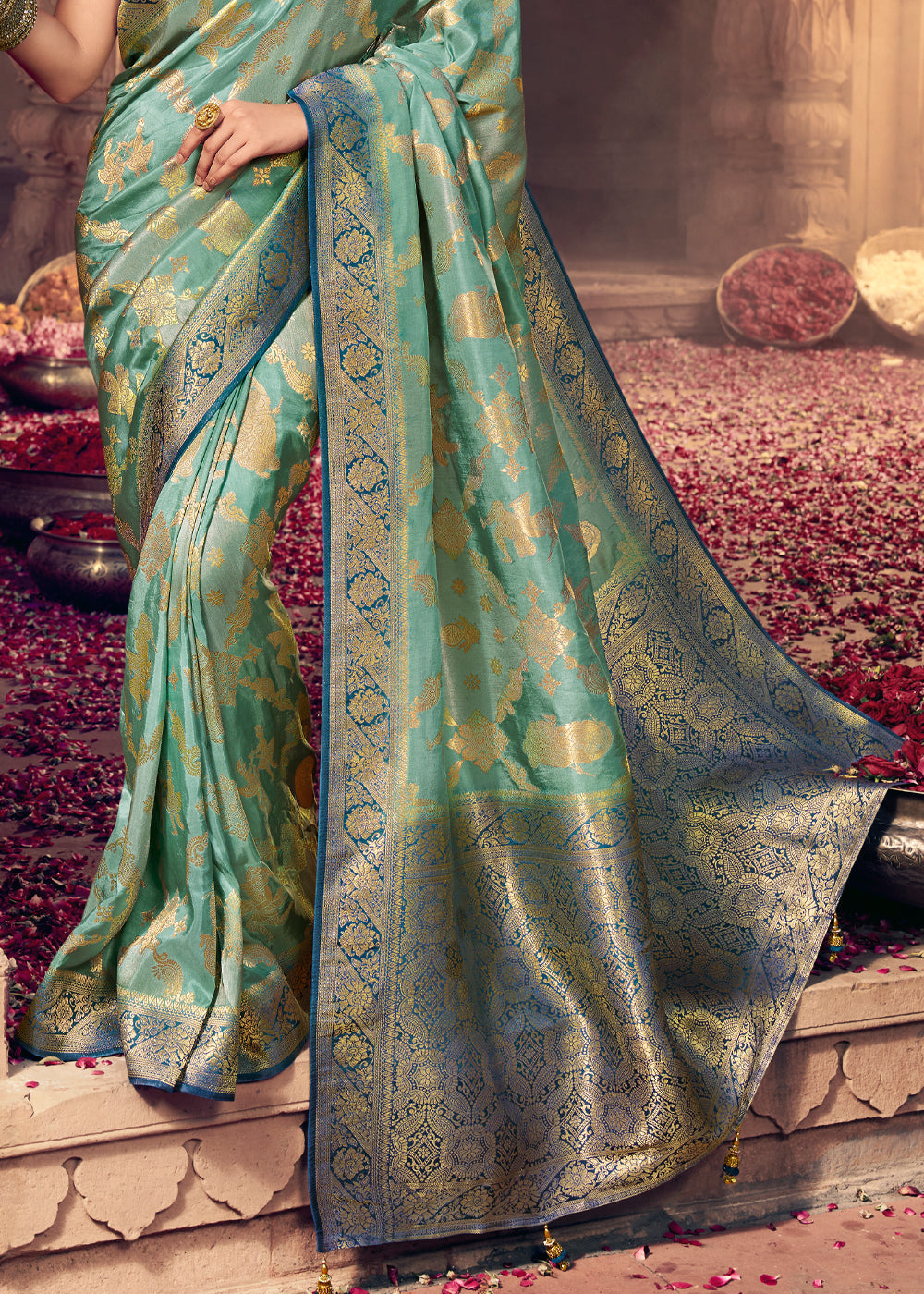 Summer Green and Blue Zari Woven Designer Banarasi Saree