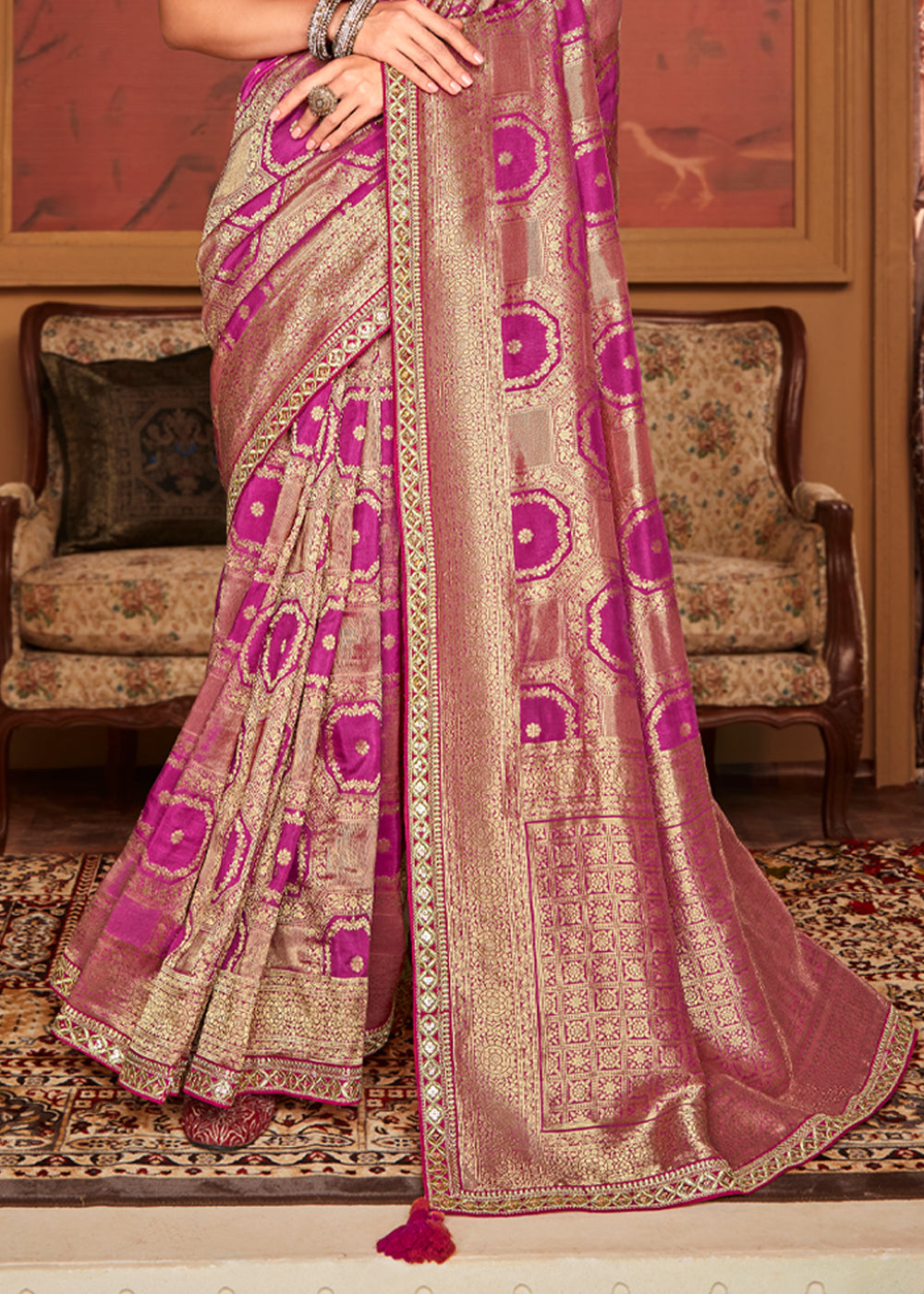 Hibiscus Pink Woven Banarasi Designer Silk Saree With Embroidered Blouse