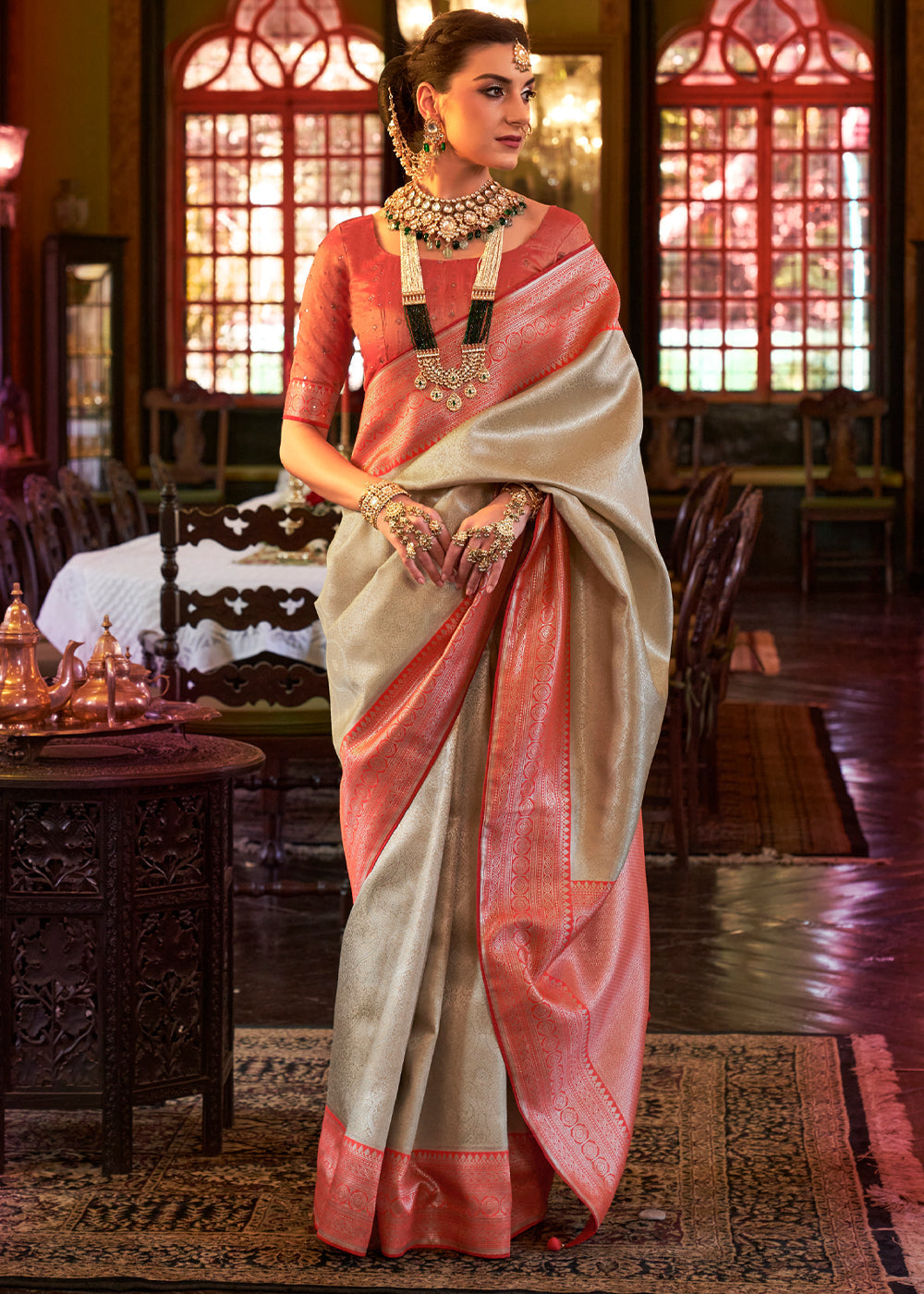 Sazerac White Woven Kanjivaram Saree