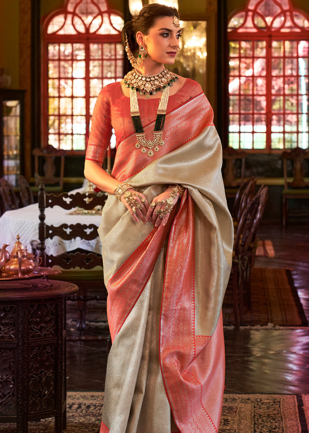 Sazerac White Woven Kanjivaram Saree