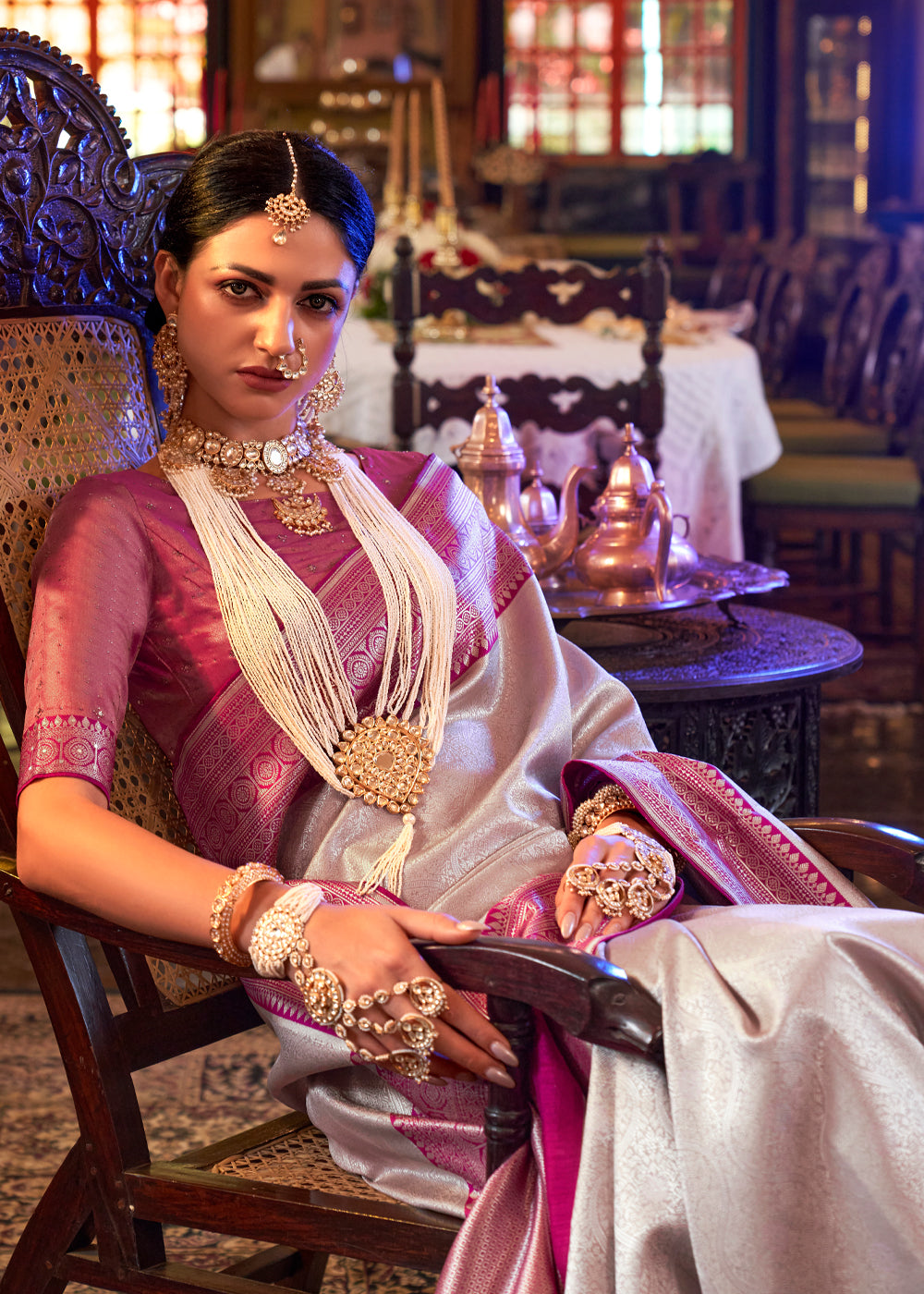 Cinnamon Grey and Pink Woven Kanjivaram Saree