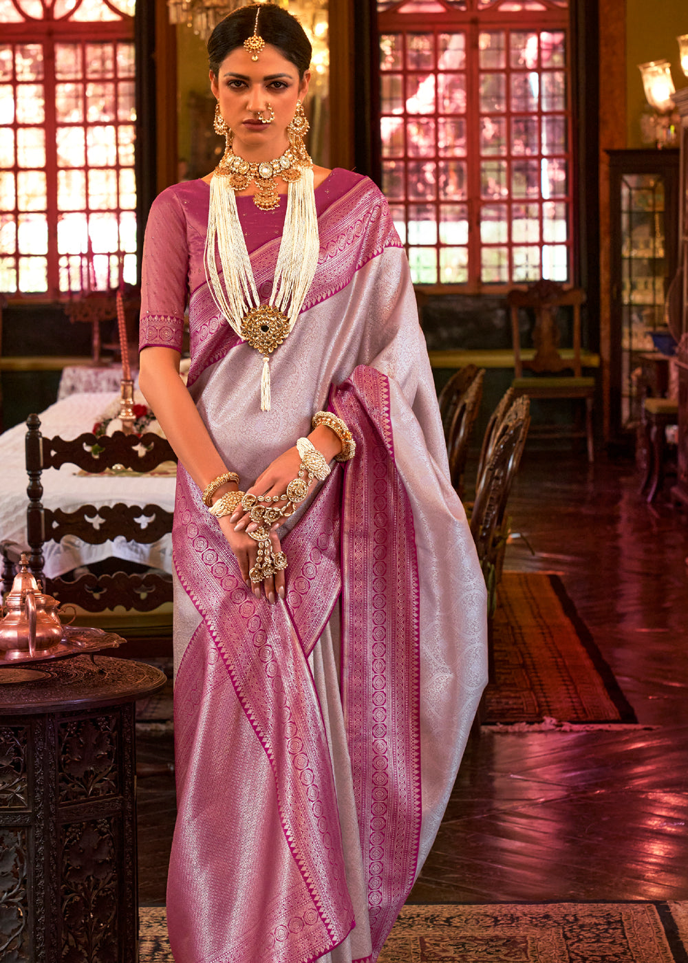 Cinnamon Grey and Pink Woven Kanjivaram Saree