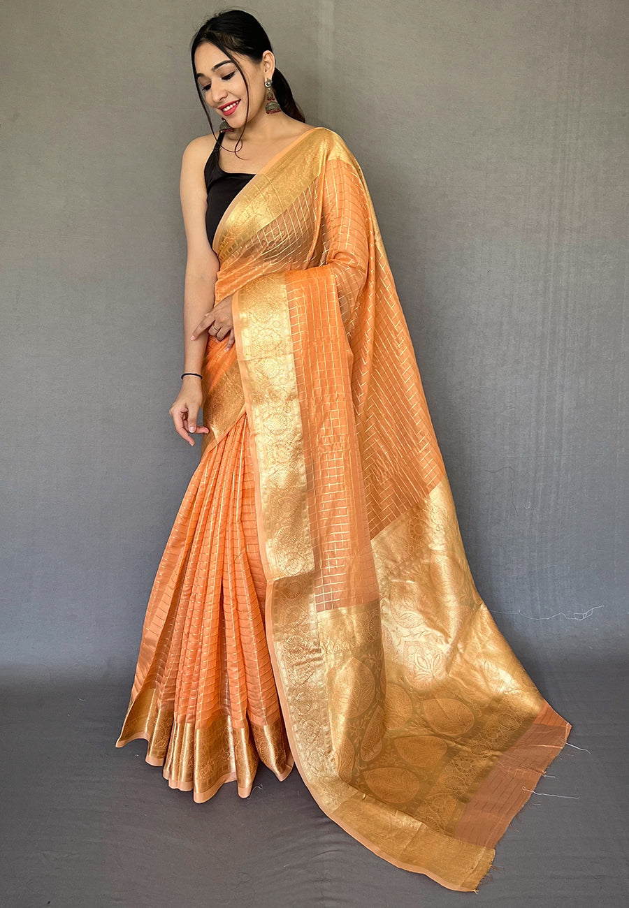 Jaffa Orange Zari Woven Organza Checks Saree