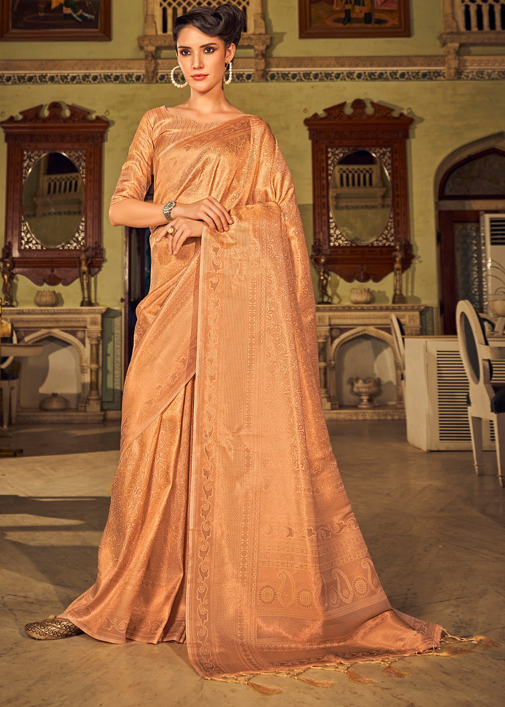 Peach Orange Dual Tone Kanjivaram Silk Saree