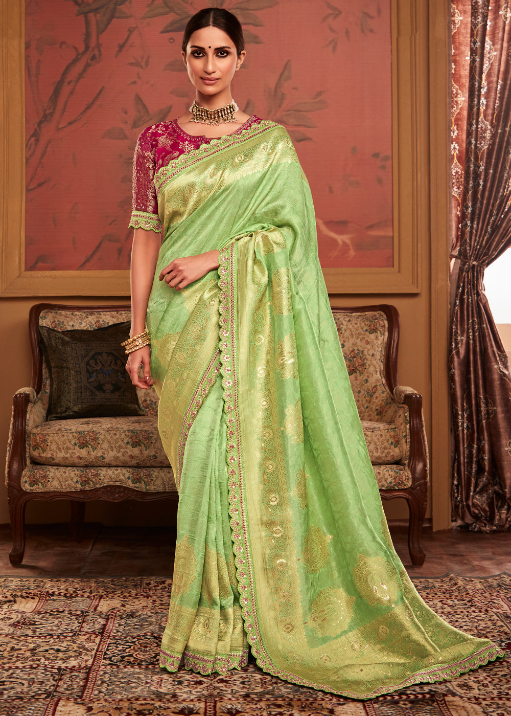 Citrus Green Woven Banarasi Designer Silk Saree With Embroidered Blouse