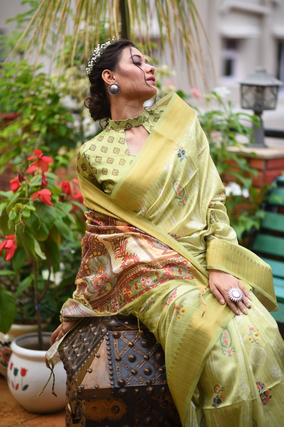 Husk Green Printed South Silk Saree