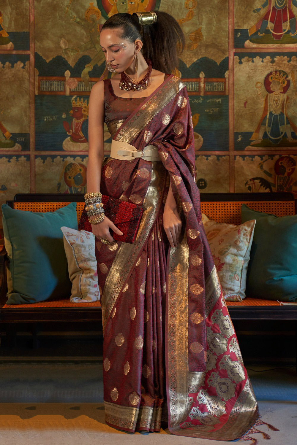 Cedar Brown Satin Handloom Silk Saree