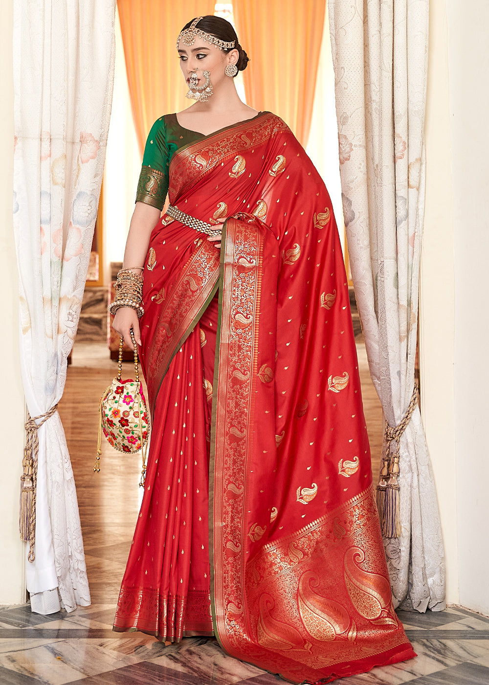 Rusty Red Woven Banarasi Soft Silk Saree