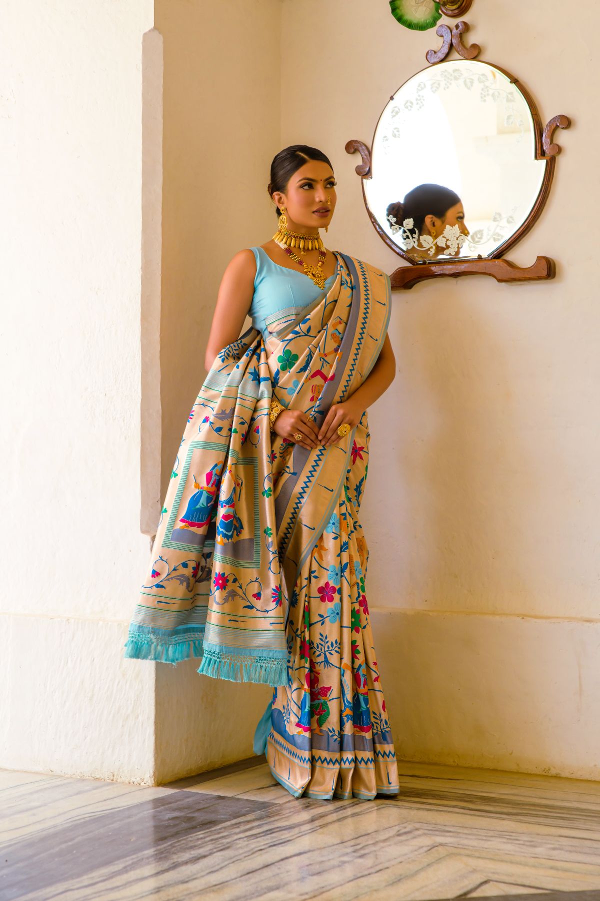 Pewter Blue Woven Paithani Silk Saree