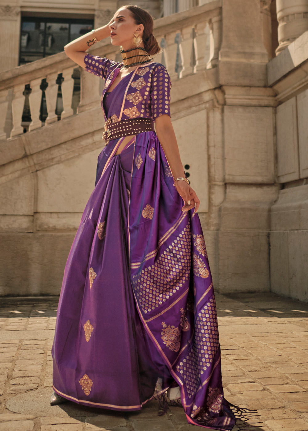 Strikemaster Purple Woven Banarasi Satin Silk Saree