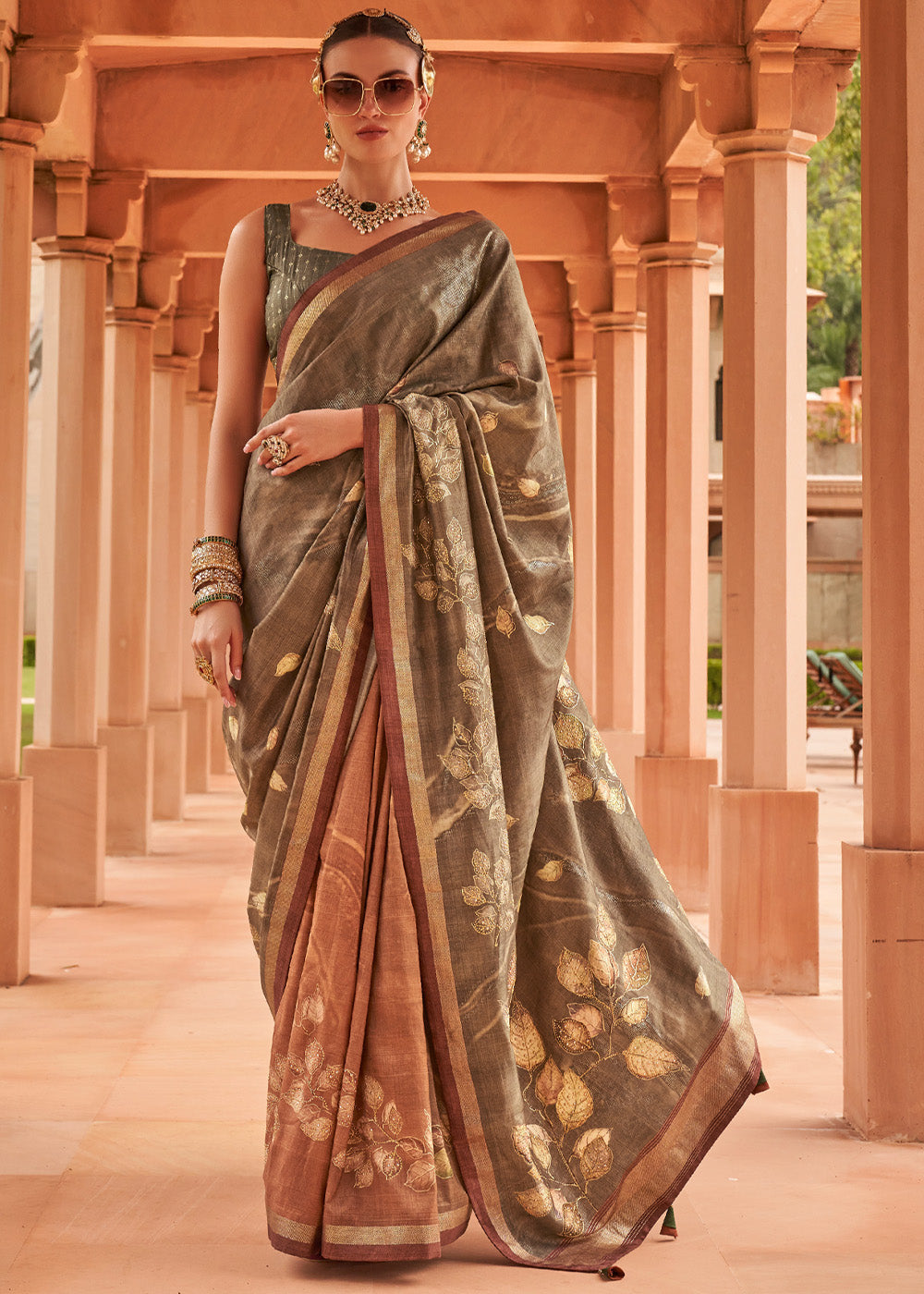 Leather Grey and Brown Printed Patola Soft Silk Saree