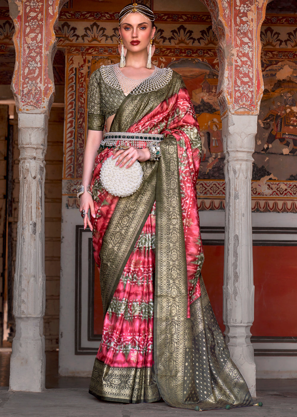 Mandy Pink and Green Printed Patola Soft Silk Saree