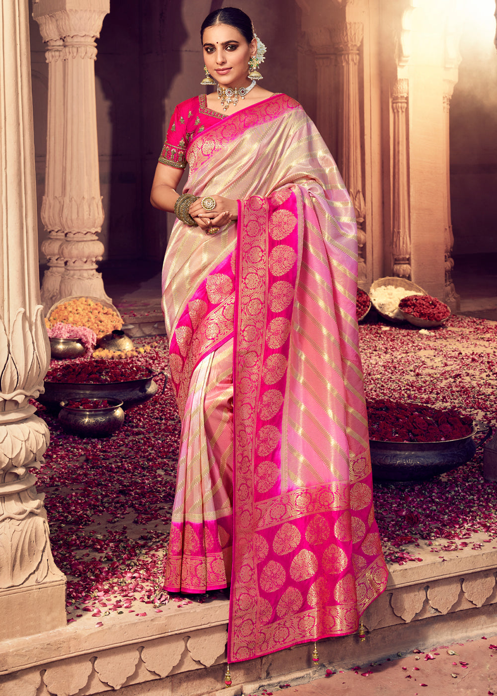 Papaya Cream and Pink Zari Woven Designer Banarasi Saree