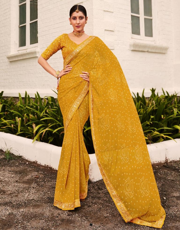 Tulip Tree Yellow Georgette Bandhani Saree