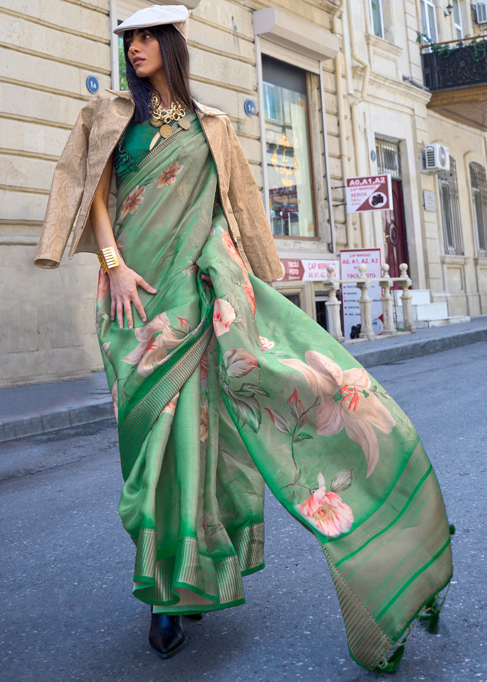 Norway Green Organza Printed Satin Silk Saree