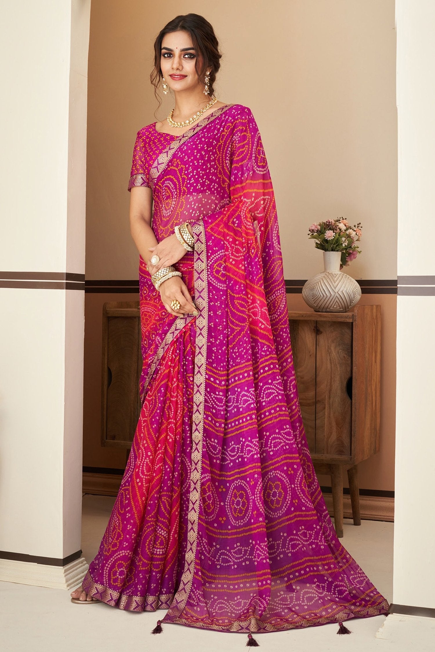 Pink Sherbert Chiffon Bandhani saree