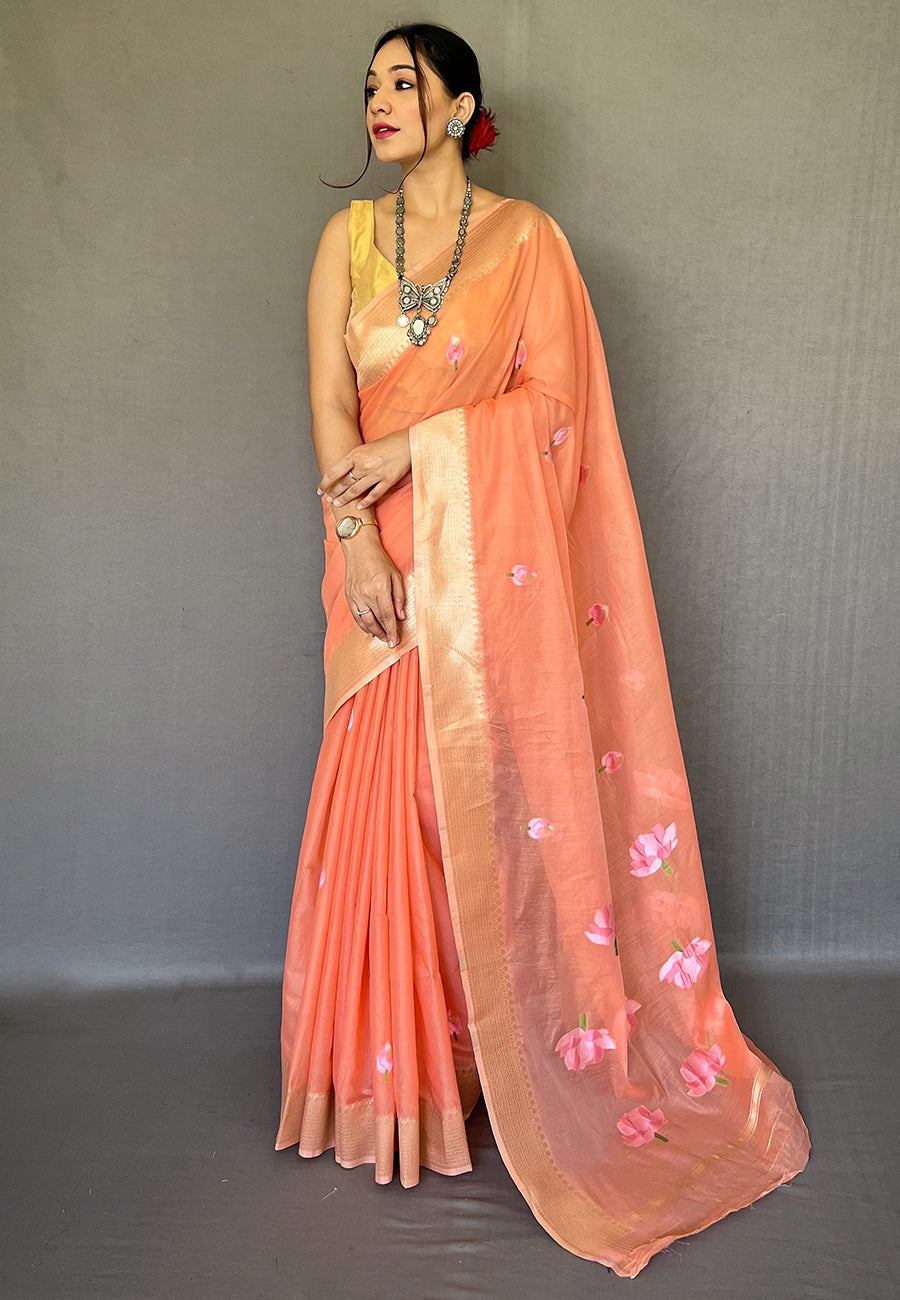 Flesh Peach Cotton Lotus Woven Silk Saree