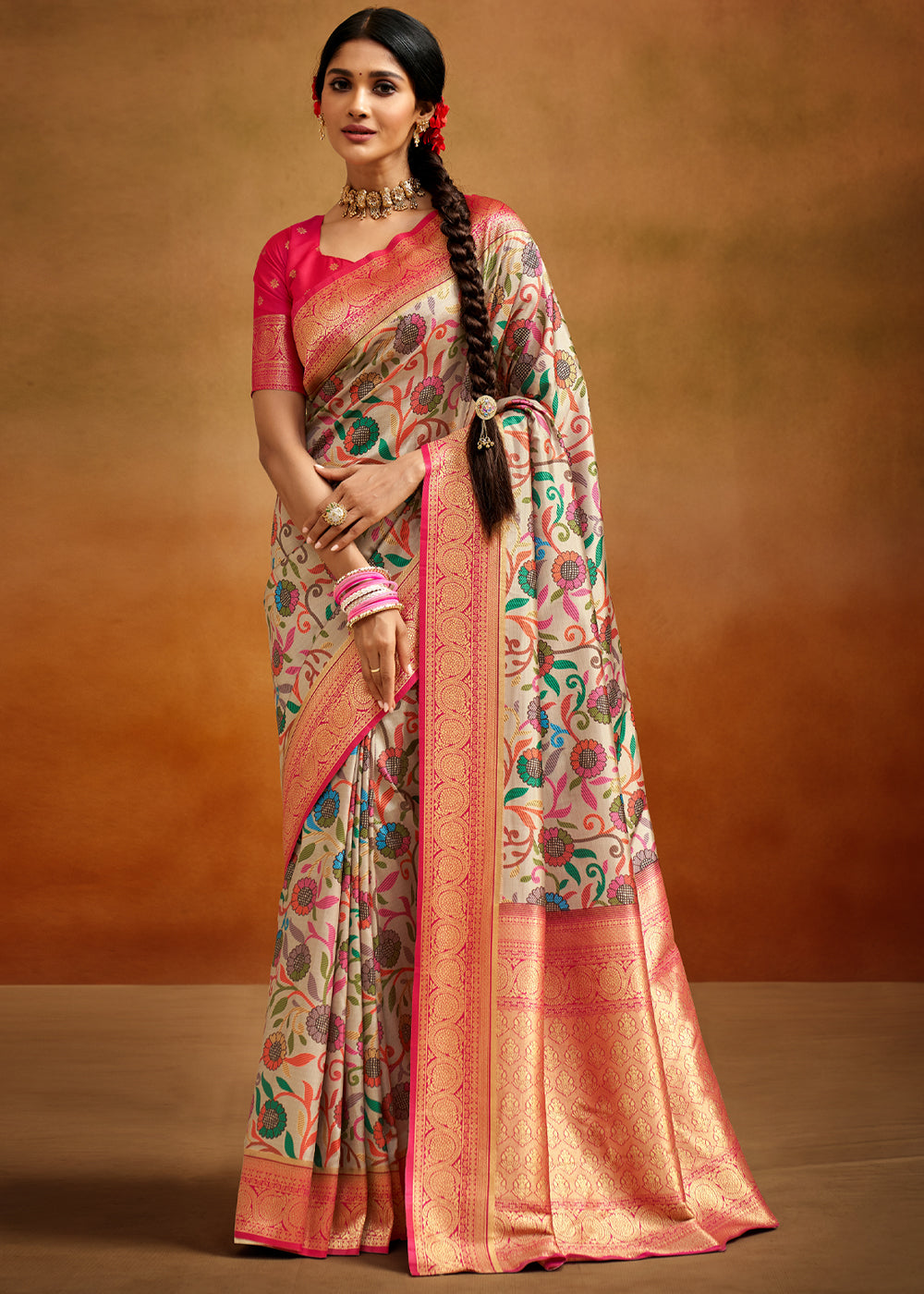 Yuma Cream and Pink Woven Banarasi Kalamkari Silk Saree