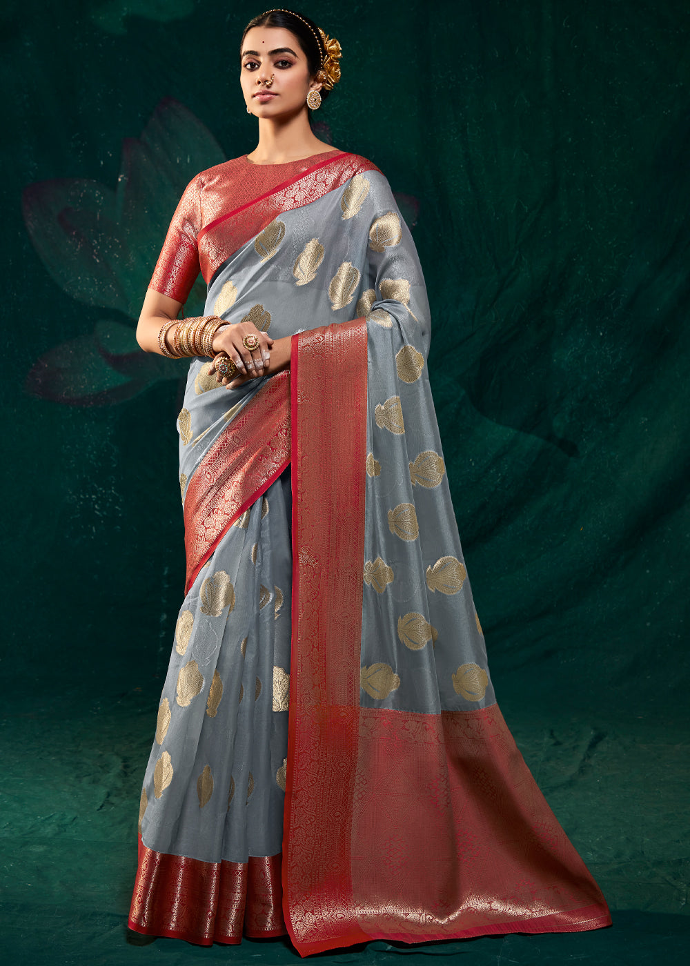 Manatee Grey Woven Banarasi Organza Silk Saree