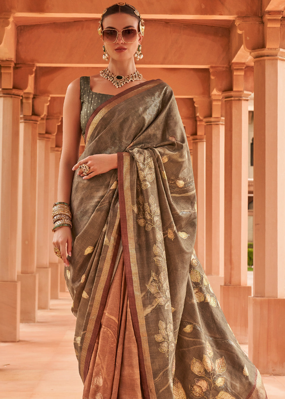 Leather Grey and Brown Printed Patola Soft Silk Saree