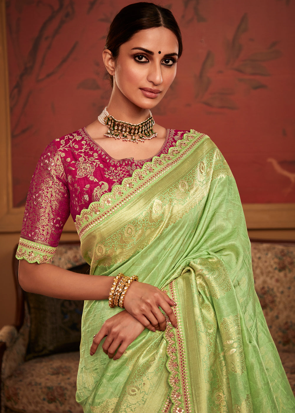 Citrus Green Woven Banarasi Designer Silk Saree With Embroidered Blouse