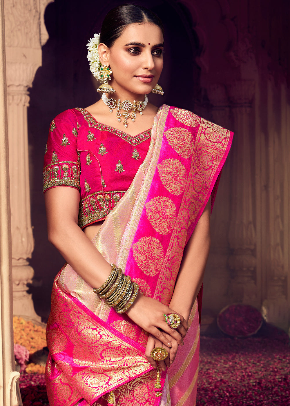 Papaya Cream and Pink Zari Woven Designer Banarasi Saree